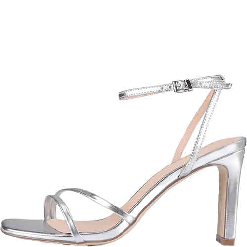 Strappy high heel sandals with a slender around ankle strap, slim block heel. Made from soft man-made leathers with padding underfoot. Designed by Verali and available instore and online at ShoeBeDoo