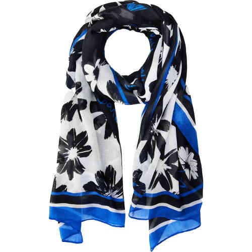 A long rectangular scarf with black and white flowers on a black and contrast white background with cobalt blue details and contrast border. Designed by Desigual and available online at ShoeBeDoo