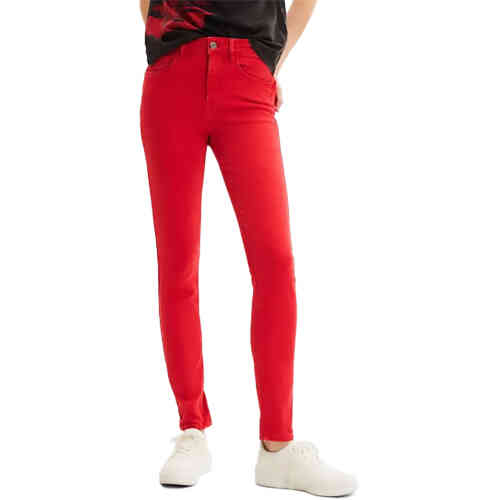 Red high waisted skinny jeans full length and made from sustainable cotton by Desigual, available online at ShoeBeDoo