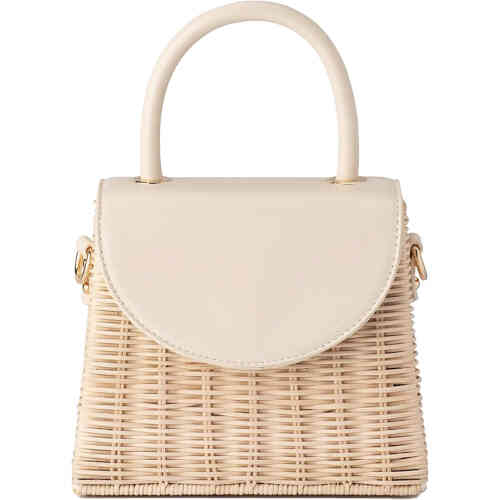 Natural soft vegan leather and wicker mini top handle bag perfect for the races or special event available at ShoeBeDOo