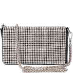Glistening crystal clutch on a black background with a shoulder strap. Perfect bag for a special occasion available online at ShoeBeDoo