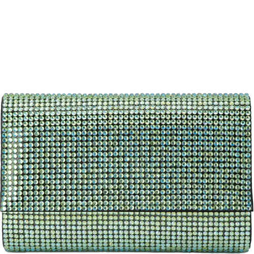 Fold over evening clutch adorned in lime green crystals with gold shoulder chain from olga berg available at ShoeBeDoo