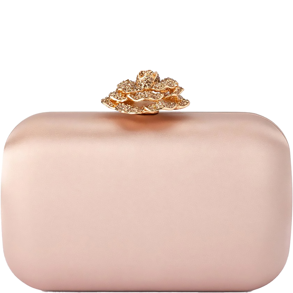 Blush satin hard case clutch with a rose gold crystal encrusted rosette on top. Perfect clutch for evening available at ShoeBeDOo