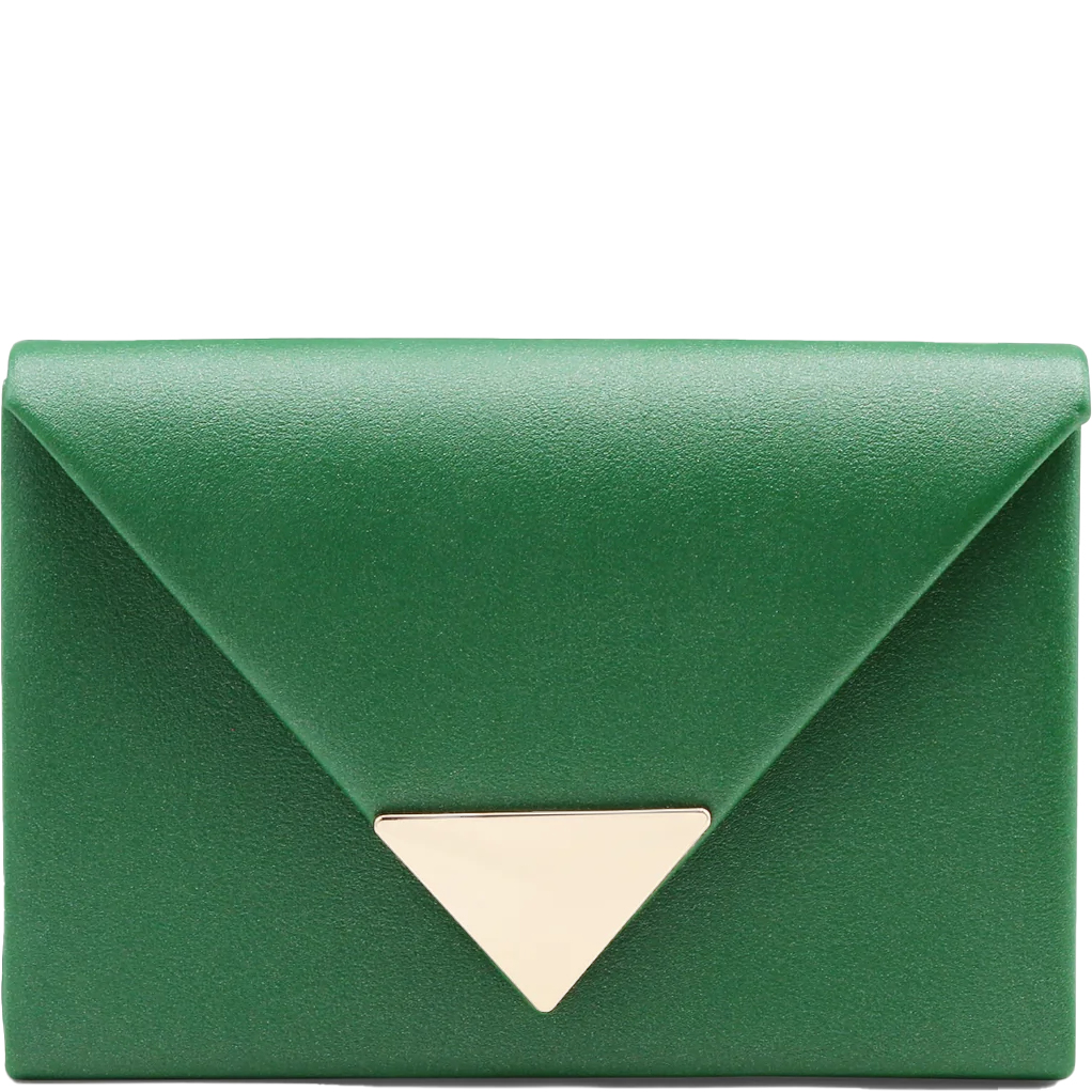 emerald green fold over envelope clutch with gold triangular accent perfect for a special event. Designed by Morgan & Taylor and available online at ShoeBeDoo