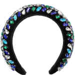 Beaded jewelled headband in cobalt blue emerald turquoise and clear crystals on a padded black headband. Made by Morgan and taylor available at shoebedoo