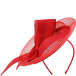 Red sinamay classic upturned fascinator of width with bow detail sitting on a headband. Designed by Morgan and Taylor and available online and instore at ShoeBeDoo