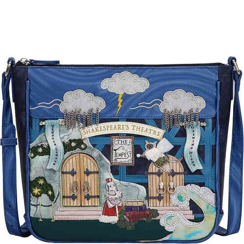Perfectly sized this is a crossbody bag with an adjustable shoulder strap that features metallic and navy blue colours in the theme of Shakespeare's The Tempest. Vegan bag designed by Vendula London, available online and instore at ShoeBeDoo.