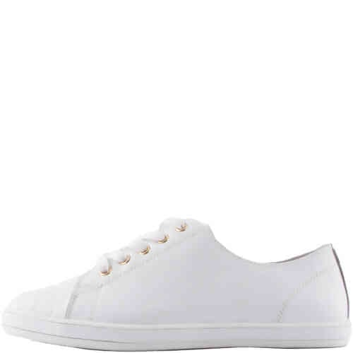 White leather slender profile tennis shoe style sneaker, features a removable footbed. Designed by Alfie & Evie, available online at ShoeBeDoo