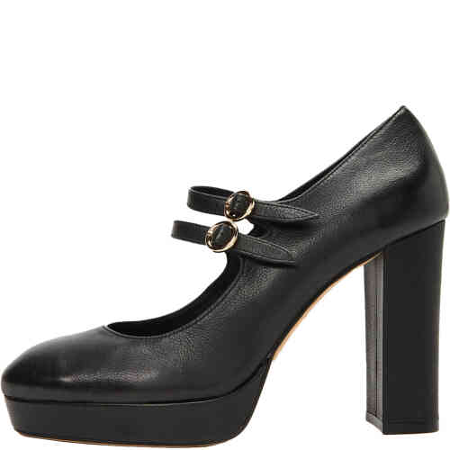 Black leather high heel platform closed toe mary janes with two slender straps over the arch. Designed by Mollini and available instore and online at ShoeBeDoo