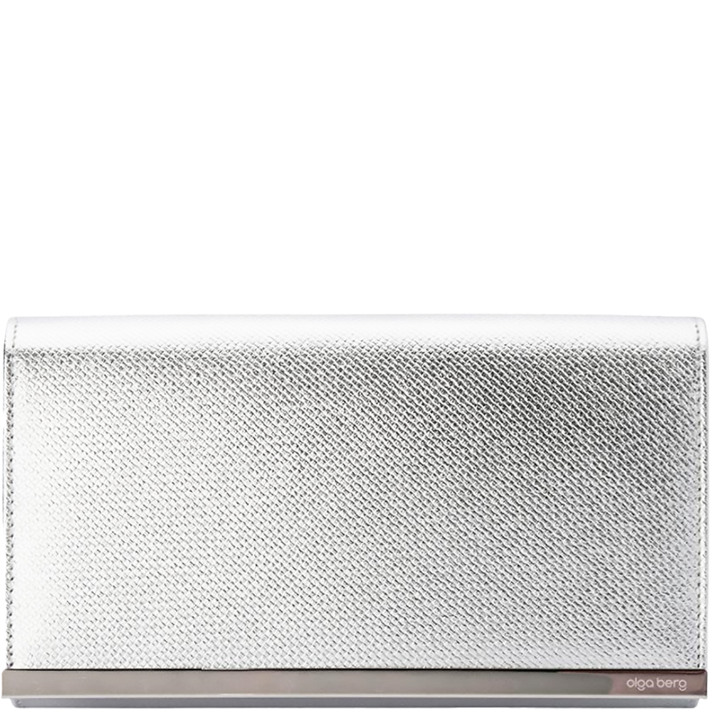 Silver metallic foldover clutch made from vegan leather, roomy inside with a detachable shoulder chain. Designed in Melbourne by Olga Berg and available online and instore at ShoeBeDoo