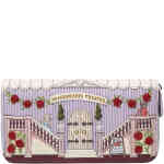 A soft lilac large rectangular zip around wallet that is adorned with a them from Shakespeare's Theater Much Ado About Nothing. There is a stage with balconies and stairs and a mouse and a fox acting the theatre. Very pretty. Vegan bag/accessory designed by Vendula London, available online and instore at ShoeBeDoo, official stockist