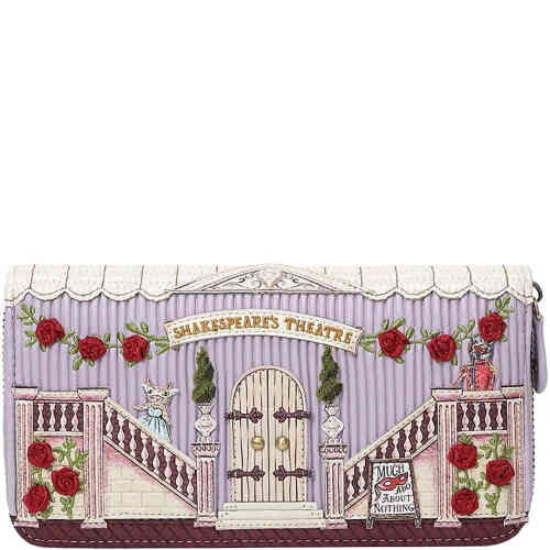 A soft lilac large rectangular zip around wallet that is adorned with a them from Shakespeare's Theater Much Ado About Nothing. There is a stage with balconies and stairs and a mouse and a fox acting the theatre. Very pretty. Vegan bag/accessory designed by Vendula London, available online and instore at ShoeBeDoo, official stockist
