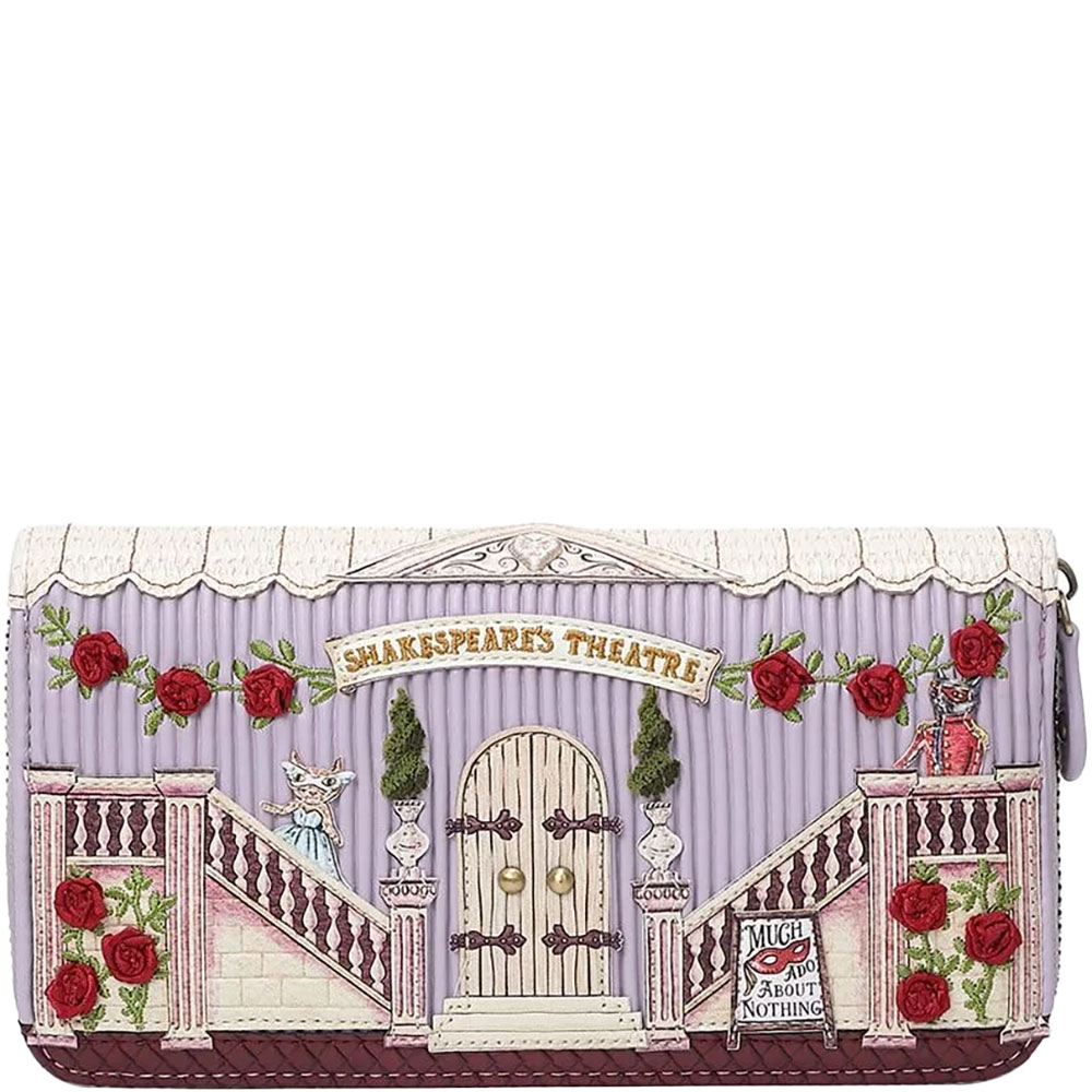 A soft lilac large rectangular zip around wallet that is adorned with a them from Shakespeare's Theater Much Ado About Nothing. There is a stage with balconies and stairs and a mouse and a fox acting the theatre. Very pretty. Vegan bag/accessory designed by Vendula London, available online and instore at ShoeBeDoo, official stockist