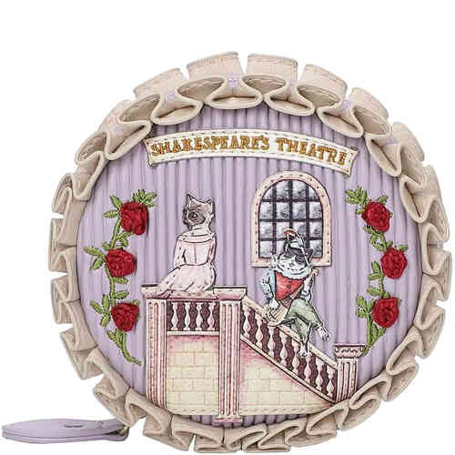 A round coin purse that is roomy yet compact, adorned in lilac with ruffled pleats, theatrical decor, handstitched feline characters and red roses. Vegan bag/accessory designed by Vendula London, available online and instore at ShoeBeDoo, official stockist