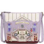 A medium sized crossbody bag made from soft lilac vegan leather, with details of the Shakespeare Theatre stage and balustrades atop which are the actors -a cute and very furry mouse and fox. Vegan bag/accessory designed by Vendula London, available online and instore at ShoeBeDoo, official stockist