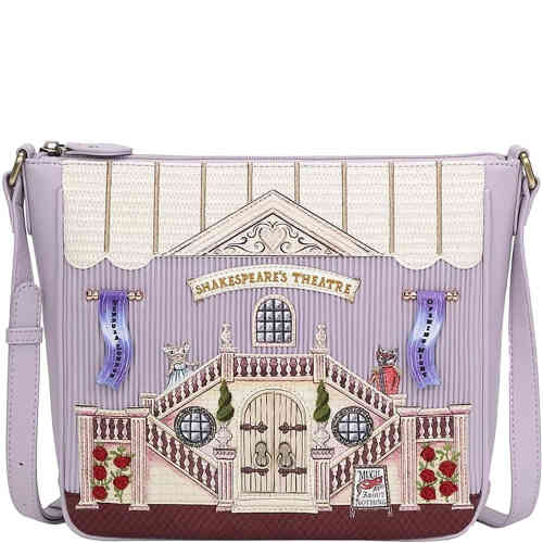 A medium sized crossbody bag made from soft lilac vegan leather, with details of the Shakespeare Theatre stage and balustrades atop which are the actors -a cute and very furry mouse and fox. Vegan bag/accessory designed by Vendula London, available online and instore at ShoeBeDoo, official stockist