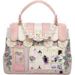 A true shop front bag in a mini size but roomy enough for multiple glasses and essentials. This lovely shop front bag has an awning of soft pink and cream, pearls, and the shop front window features flowers, dresses, kitties and Mr and Mrs Mice. Very girly! Vegan bag/accessory designed by Vendula London, available online and instore at ShoeBeDoo, official stockist in Australia
