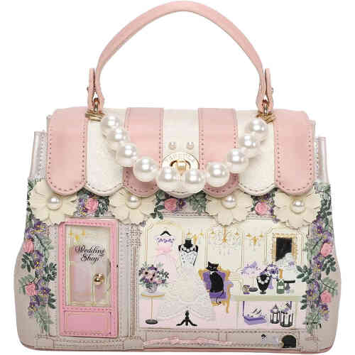 A true shop front bag in a mini size but roomy enough for multiple glasses and essentials. This lovely shop front bag has an awning of soft pink and cream, pearls, and the shop front window features flowers, dresses, kitties and Mr and Mrs Mice. Very girly! Vegan bag/accessory designed by Vendula London, available online and instore at ShoeBeDoo, official stockist in Australia