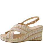 A crossover upper sandal with a back strap that sits on a platform wedge. The upper is made from finely braided natural jute, silver metallic and rose gold metallic thread. The platform wedge is arapped in the same strapped braided material. Designed by Django & Juliette and available online and instore at ShoeBeDoo Official Stockist in Australia and New Zealand