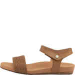 A small wedge flat sandal made from soft tan leathers. The front over toe strap is wide and made from woven leather. There is a back ankle strap affixed by velcro. This delightful sandal offers arch support and lots of cushioning. Designed by Silver Lining and available instore and online at ShoeBeDoo Official Stockist Australia New Zealand