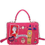A delightful handbag in candy pink with scalloped edges, embossed and embroidered with everything British - the Queen, Big Ben, 1st Class postage stamps ... you name it! Vegan bag/accessory designed by Vendula London, available online and instore at ShoeBeDoo, official stockist in Australia