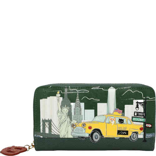 A large zip around wallet in dark green, embossed and embroidered with the New York skyline in silver grey, with a yellow NYC taxi cab swooshing past, with a cute corgi and a cat hanging out inside the cab. Totally fabulous. Vegan bag/accessory designed by Vendula London, available online and instore at ShoeBeDoo, official stockist in Australia
