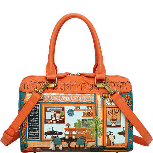 A fantastic bowling bag style bag with two top handles in warm orange, and the front of the bag is the front of a European warm looking coffee shop with lattes on a table, and Vendula cats! Vegan bag/accessory designed by Vendula London, available online and instore at ShoeBeDoo, official stockist in Australia