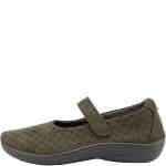 A gorgeous khaki green ballet flat in the style of a mary jane made of vegan soft stretchy upper called Lytech, with an over arch velcro adjustable strap. Double arch support, non slip sole, padded footbed. Made in Portugal by Arcopedico and available instore and online at ShoeBeDoo Official Stockist in Australia