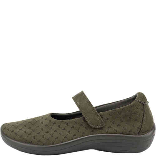 A gorgeous khaki green ballet flat in the style of a mary jane made of vegan soft stretchy upper called Lytech, with an over arch velcro adjustable strap. Double arch support, non slip sole, padded footbed. Made in Portugal by Arcopedico and available instore and online at ShoeBeDoo Official Stockist in Australia
