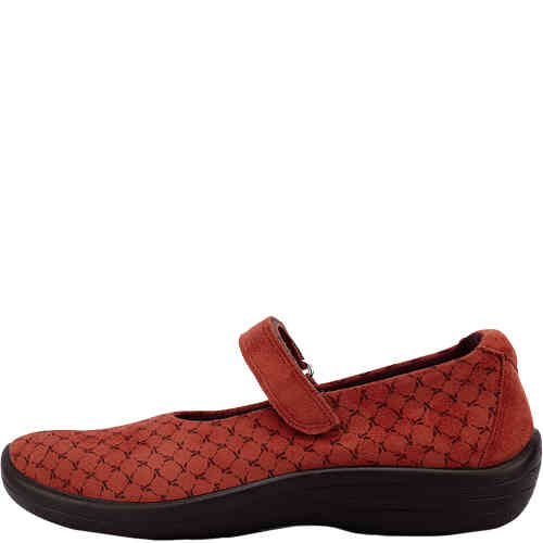 A rich terracotta red ballet flat in the style of a mary jane made of vegan soft stretchy upper called Lytech, with an over arch velcro adjustable strap. Double arch support, non slip sole, padded footbed. Made in Portugal by Arcopedico and available instore and online at ShoeBeDoo Official Stockist in Australia