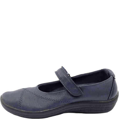 A dark navy blue ballet flat in the style of a mary jane made of vegan soft stretchy upper called Lytech, with an over arch velcro adjustable strap. Double arch support, non slip sole, padded footbed. Made in Portugal by Arcopedico and available instore and online at ShoeBeDoo Official Stockist in Australia