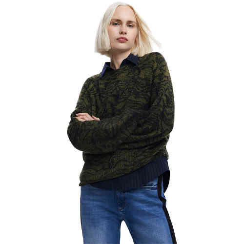 Desigual Brampton Khaki Black jumper s a long sleeve round neck and oversized fit jumper in a subtle swirl of pattern. Very very soft with light stretch.Designed by Desigual in Spain and available in Australia and New Zealand online and instore at ShoeBeDoo Official Stockist