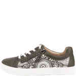 a stunning flat sneaker wit ha white sole, the upper is a combination of smooth khaki coloured leather and the sides are the same letter in a sued wit ha white print of Peter Farmer Noongar (local indigenous) art. ShoeBeDoo is an authorised retailer of Klouds Instore and Online in Australia and New Zealand