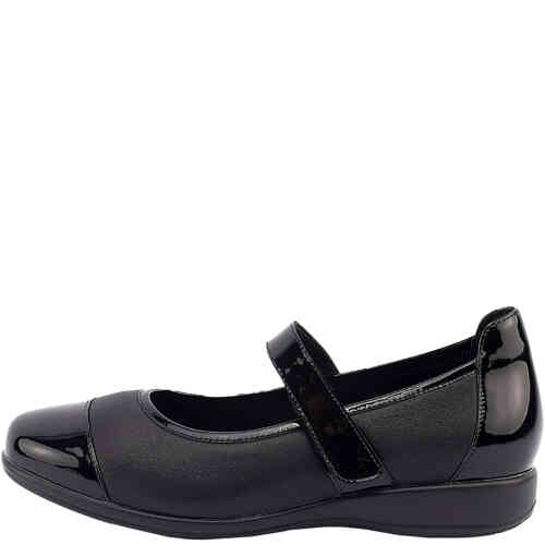 A black smooth and black patent leather mary jane with over arch strap, heel cushioning and a stabilising shank for all day comfort. ShoeBeDoo is an official stockist of Klouds comfort shoes