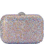 A multi faceted crystal encrusted hard evening clutch where the stones are a melange of pale blue, lilac, aosft pink and catch the light with opalescence. Designed by Olga Berg and available online and instore at ShoeBeDoo Official Olga Berg Stockist in Australia