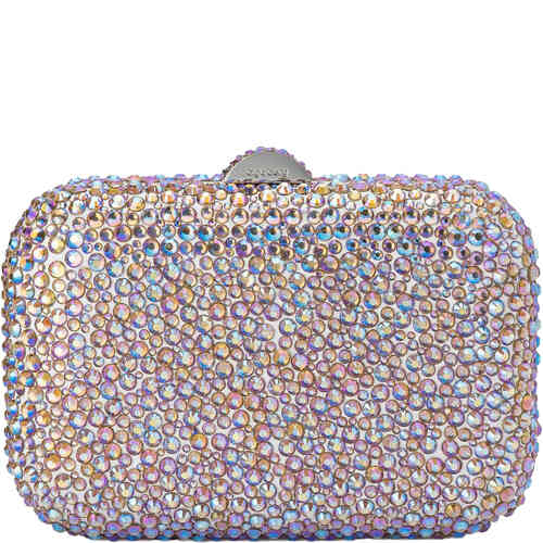 A multi faceted crystal encrusted hard evening clutch where the stones are a melange of pale blue, lilac, aosft pink and catch the light with opalescence. Designed by Olga Berg and available online and instore at ShoeBeDoo Official Olga Berg Stockist in Australia