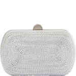 A hard case clutch with rounded edges in this rectangular shape. The front and bag have a slender coiled rope in silver metallic thread. Designed by Olga Berg and available online and instore at ShoeBeDoo Official Olga Berg Stockist in Australia