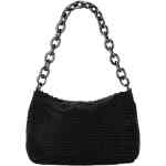 A roomy mini bag with a small top foldover that pulls apart to reveal a roomy interior. Two handles - one short to grab in a thicker gunmetal chain, and one slender and detachable and longer to slip over your shoulder. Designed by Olga Berg and available online and instore at ShoeBeDoo Official Olga Berg Stockist in Australia
