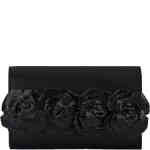 A folder evening bag made from black satin, and on the front flap there are large black crystal trimmed rosettes for added style kudos. Designed by Olga Berg and available online and instore at ShoeBeDoo Official Olga Berg Stockist in Australia