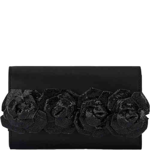 A folder evening bag made from black satin, and on the front flap there are large black crystal trimmed rosettes for added style kudos. Designed by Olga Berg and available online and instore at ShoeBeDoo Official Olga Berg Stockist in Australia