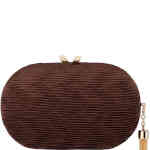 A pod shaped hard clutch adorned in finely pleated chocolate brown coloured matt satin with a gold clasp and gold tassel that is detachable. Very elegant. Designed by Olga Berg and available online and instore at ShoeBeDoo Official Olga Berg Stockist in Australia