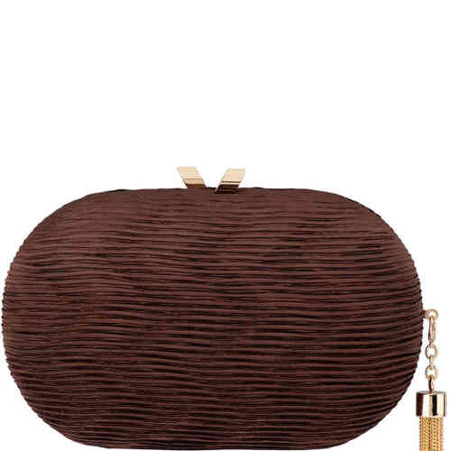 A pod shaped hard clutch adorned in finely pleated chocolate brown coloured matt satin with a gold clasp and gold tassel that is detachable. Very elegant. Designed by Olga Berg and available online and instore at ShoeBeDoo Official Olga Berg Stockist in Australia