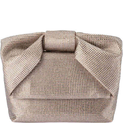 A box style clutch made of thick taupe satin, with the front adorned in small red taupe crystals, and the handle in the shape of a bow, also adorned in crystals. The back is a stunning matt satin only. Designed by Olga Berg and available online and instore at ShoeBeDoo Official Olga Berg Stockist in Australia