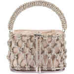 Olga Berg Amelia Natural Crystal Cage bag is a structured drawstring bag with a caged pattern in knotted crystals and a hinged totally crystal encrusted arced handle. Designed by Olga Berg and available online and instore at ShoeBeDoo Official Olga Berg Stockist in Australia