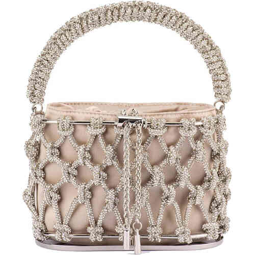 Olga Berg Amelia Natural Crystal Cage bag is a structured drawstring bag with a caged pattern in knotted crystals and a hinged totally crystal encrusted arced handle. Designed by Olga Berg and available online and instore at ShoeBeDoo Official Olga Berg Stockist in Australia