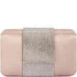 A pod clutch covered in soft matte taupe satin material, and featuring a wide band of small crystals that wraps entirely around the clutch from top to bottom . Designed by Olga Berg and available online and instore at ShoeBeDoo Official Olga Berg Stockist in Australia