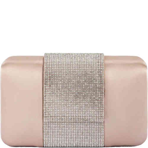A pod clutch covered in soft matte taupe satin material, and featuring a wide band of small crystals that wraps entirely around the clutch from top to bottom . Designed by Olga Berg and available online and instore at ShoeBeDoo Official Olga Berg Stockist in Australia