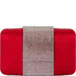 A pod clutch covered in rich matte red satin material, and featuring a wide band of small crystals that wraps entirely around the clutch from top to bottom . Designed by Olga Berg and available online and instore at ShoeBeDoo Official Olga Berg Stockist in Australia