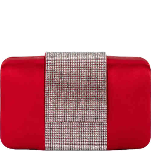 A pod clutch covered in rich matte red satin material, and featuring a wide band of small crystals that wraps entirely around the clutch from top to bottom . Designed by Olga Berg and available online and instore at ShoeBeDoo Official Olga Berg Stockist in Australia