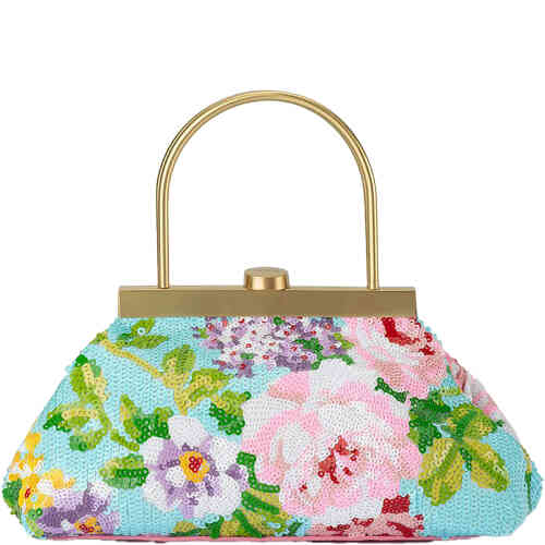 A triangular shaped 1960's inspired bag with two fixed brushed gold handles and framed entry. It is made from squinted material in bright pastel colours of aqua blue green pink and purple. Designed by Olga Berg and available online and instore at ShoeBeDoo Official Olga Berg Stockist in Australia